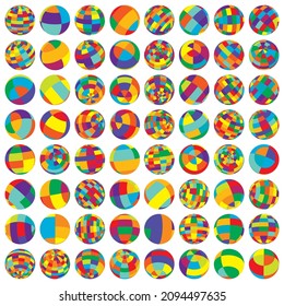 Set of spheres, orbs and globes with different rotation and surfaces of squares. Checkered, chequered balls