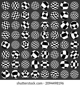 Set of spheres, orbs and globes with different rotation and surfaces of squares. Checkered, chequered balls