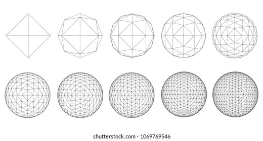 A set with spheres transforming from a simple form to a complex form. Sequence of geometric shapes. Vector illustration.