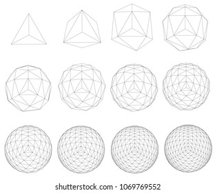 A set with spheres transforming from a simple form to a complex form. Sequence of geometric shapes. Vector illustration.