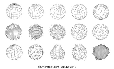 Un conjunto de esferas de una malla de armazón. Colección de esferas para uso en el diseño HUD. Concepto de línea de red. Formas geométricas abstractas creativas. Ilustración vectorial.