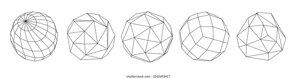 Conjunto de esferas a partir de una malla de armazón. Colección de esferas para uso en el diseño HUD. Concepto de línea de red. Formas geométricas abstractas creativas. Ilustración vectorial.