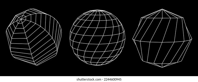 Set of spheres from a wireframe mesh on dark background. Collection of spheres for use in HUD design. Network line concept. Creative abstract geometric shapes. Vector illustration.