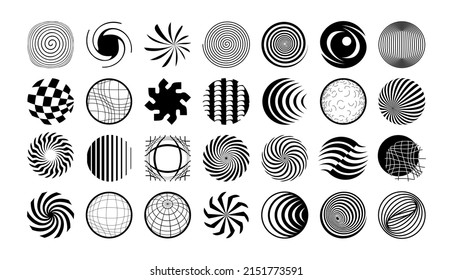 Set of spherical geometric objects. Round distorted, retracted and swollen mesh and funnel shapes. Hypnotic line figures. Vector illustration