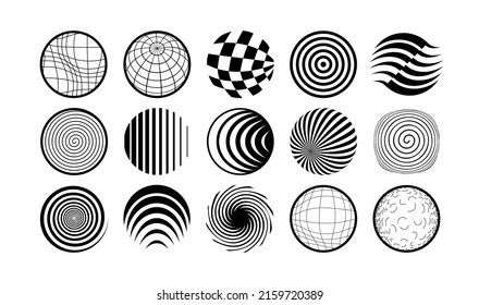 Set of spherical geometric objects. Round distorted, retracted and swollen mesh and funnel shapes. Hypnotic line figures. Vector illustration