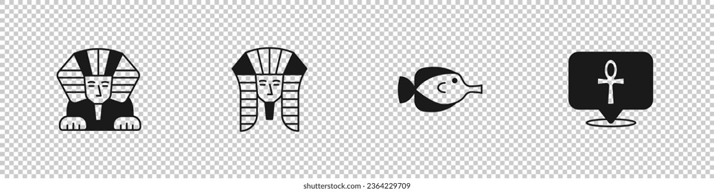 Set Sphinx, Egyptian pharaoh, Butterfly fish and Cross ankh icon. Vector