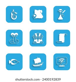 Set Sphinx, Egyptian ship, Eye of Horus, Papyrus scroll, Butterfly fish, Snake, Hookah and anubis icon. Vector