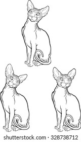Set of sphynx cat. Vector illustration. Tattoo style.Pet Shop label, signboard for your business.