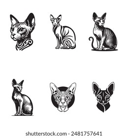 set of Sphynxes Cat vector logo design silhouette perfect shape black and white