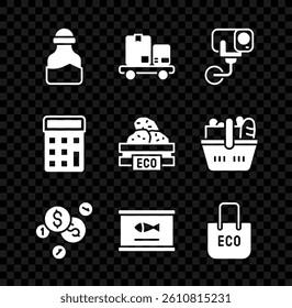 Set Spice in can, Hand truck and boxes, Security camera, Coin money with dollar, Canned fish, Shopping bag recycle, Calculator and Wooden for fruits icon. Vector