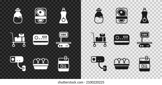 Set Spice in can, Meat packaging steak, Sauce bottle, Security camera, Chicken egg box, Bottle of olive oil, Hand truck and boxes and Credit card icon. Vector