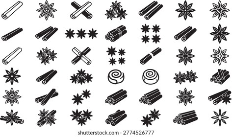 Set of spice icons featuring cinnamon sticks and star anise. Includes both solid and outline variations, plus rolled cinnamon. Ideal for culinary or decorative use.