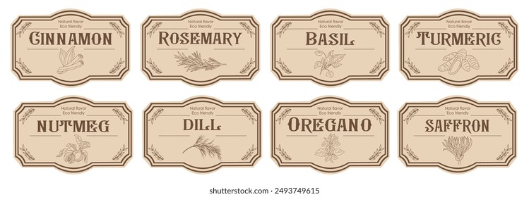 Set of spice jar labels with herbs sketches, basil, oregano, dill, rosemary, cinnamon, nutmeg. Packaging and labeling template. Organic, natural flavor kitchen stickers. Vintage vector illustrations