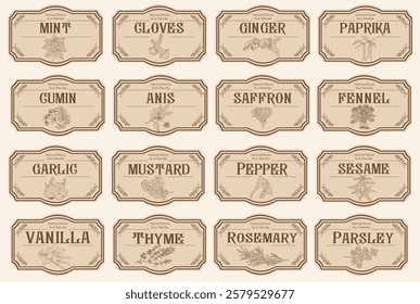 Set of spice jar labels with herbs sketches, paprika, pepper, basil, mint, anis, saffron. Packaging and labeling template. Organic, natural flavor kitchen stickers. Vintage vector illustrations