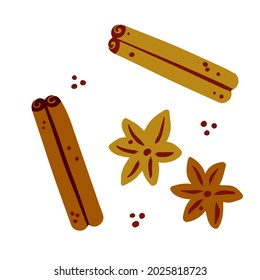 Set of spices. Cinnamon stick and brown anise flower. Doodle sketch cartoon illustration