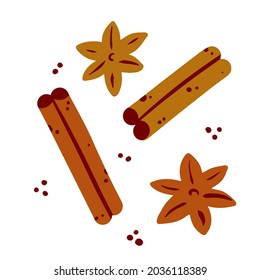 Set Of Spices. Cinnamon Stick And Brown Anise Flower. Doodle Sketch Cartoon Illustration