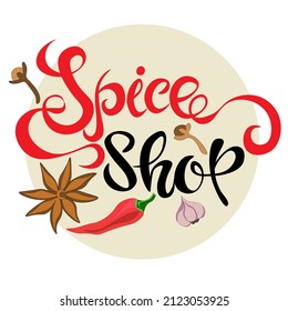 set of spices - cloves, anise star, chili pepper, garlic. frame with vector drawings of doodle spices. logo of the spice shop. organic product for farmer's market, business, farm design, local store