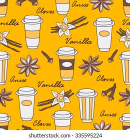 Set of spices and coffee to go hand drawn seamless pattern. Design background vector. Colorful illustration with cups of coffee. Decorative wallpaper, good for printing