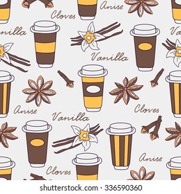Set of spices and coffee to go hand drawn seamless pattern. Design background vector. Colorful illustration with cups of coffee. Decorative wallpaper, good for printing