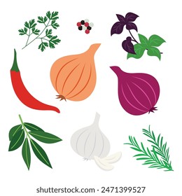 A set of spices for cooking. Onions, peppercorns, allspice, garlic, herbs. Vector illustration of rosemary, bay leaf.