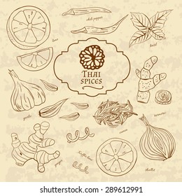 Set of spices cuisines of Thailand on old paper in vintage style. Vector illustration