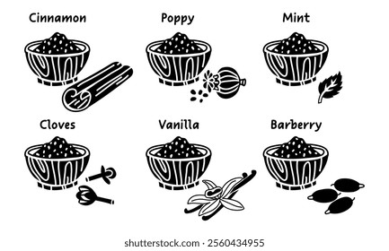 set of spices in the form of black silhouettes in crushed form on a wooden plate next to the dish. A variety of barberry, poppy seeds, vanilla, cinnamon, cloves, mint for different taste preferences.