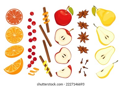 A set of spices and fruits for making winter drinks:mulled wine, punch, grog.Slices of orange,apples, pears,cinnamon sticks, cloves, star anise, cranberries.Elements of Christmas design.