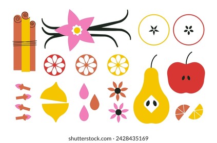 Set of spices and fruits simple icons in bright color. Vanilla. Cinnamon sticks. Dried orange slices. Cloves, brown anise flower. Abstract cartoon fruit stickers. Cooking tasty and healthy food design