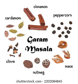 Set of spices for garam masala- black peppercorn, cinnamon stick, cardamom pod, whole clove, nutmeg, mace