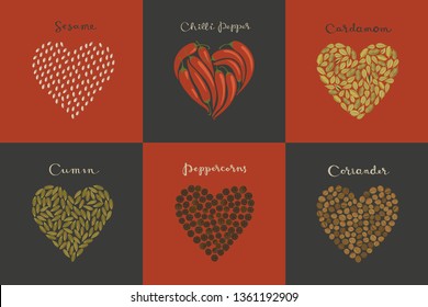 Set of spices in the heart shape. Sesame, Cumin, Cardamom, Chili, Peppercorns, Coriander isolated vector illustration.  