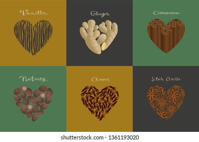 Set of spices in the heart shape.  Vanilla, Ginger, Cinnamon, Nutmeg, Cloves, Star anise isolated vector illustration. 