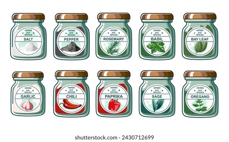 Set of spices and herbs in glass jar on isolated white background. Spices, seasonings in a glass jar isolated on white background. Vector illustration. Suitable for menu, recipe and cookbook 