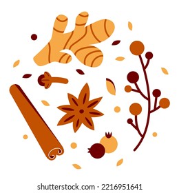 A set of spices and herbs. Ingredients for the recipe are cinnamon, anise, cloves and ginger. beige and brown