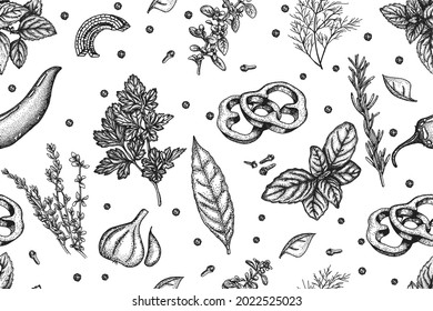 Set of spices and herbs. Seamless vector texture.