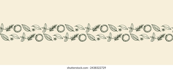 Set of spices Horizontal seamless eco banner. Vegetarian food sketch, hand drawn illustration. Banner of Healthy food, proper nutrition. Onion rings, thyme, cloves, basil, bay leaf.