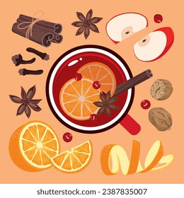 A set of spices and ingredients for mulled wine. A large red cup of mulled wine with spices. View from above. Illustrated vector clipart.