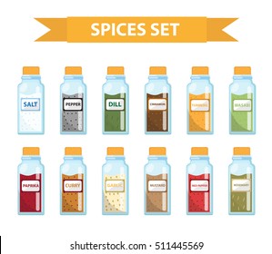 Set spices in jars, flat style. Set of different spices, herbs in a glass jar, isolated icons on a white background. Spices, seasonings in a glass jar, a design element. Vector illustration