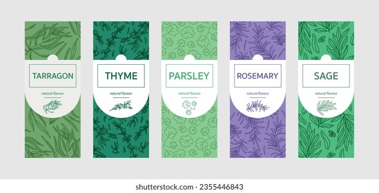 Set of spices, labels for jars and bottles with herbs: tarragon, thyme, parsley, rosemary, sager, herbaceous theme