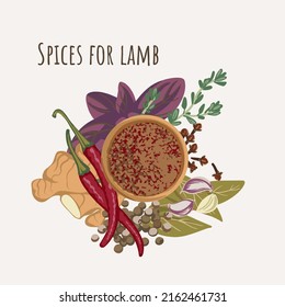 Gewürze für LammBasilikum, Ingwer, Chili Pfeffer, Knoblauch, Clove, Bay Blatt, Allspice, Thyme und Gewürzpulver in einer Holzschüssel. Draufsicht. Flachstil