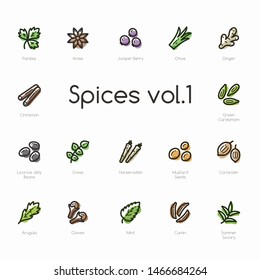 Set of spices line icons isolated on light background. Contains such icons as cinnamon, arugula, cloves, chive, cumin and more.