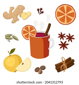 Set of spices for making mulled wine. Ginger, fruit and spices, cardamom, ginger, cinnamon, orange, apple, cloves, badian, nutmeg, mug of mulled wine. Autumn mood, elements for autumn cards and sales.