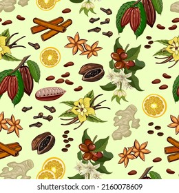 A set of spices in a pattern.Vector pattern with cocoa fruits, coffee and spices on a colored background.