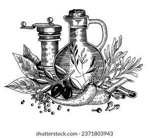 Set of spices, pepper mill, jug for olive oil in engraving style.