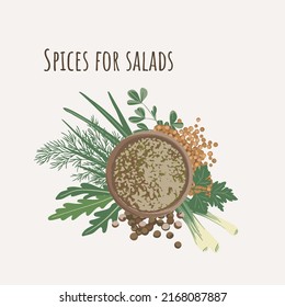 Set of spices for salads Allspice, Scallion, Fenugreek, Dill, Parsley, Arugula, Mustard and powdered spices in a wooden bowl. Top view. Flat style