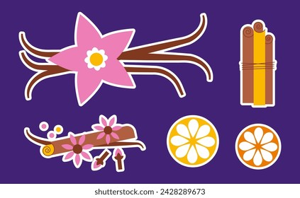 Set of spices stickers. Vanilla flower. Cinnamon sticks. Dried orange slices, cloves, brown anise flower. Abstract food cooking vector illustration in purple, yellow. Aromatic ingredient, flat style