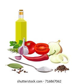 Set of spices and vegetables. Vector illustration isolated on the white background