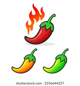 Set Spicy Chili Pepper on Fire Cartoon Bold Illustration