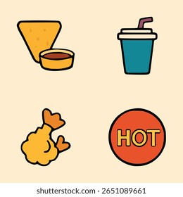 Set of spicy fast food icons with nachos, shrimp, soda drink and hot label in bold cartoon style