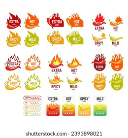 Set of spicy level labels. Chili, jalapeno, tabasco pepper flavor stickers with burning flames