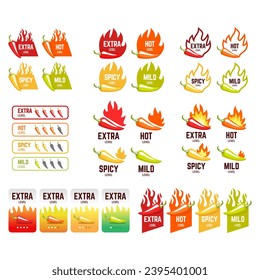 Set of spicy level labels. Chili, jalapeno, tabasco pepper flavor stickers with burning flames
